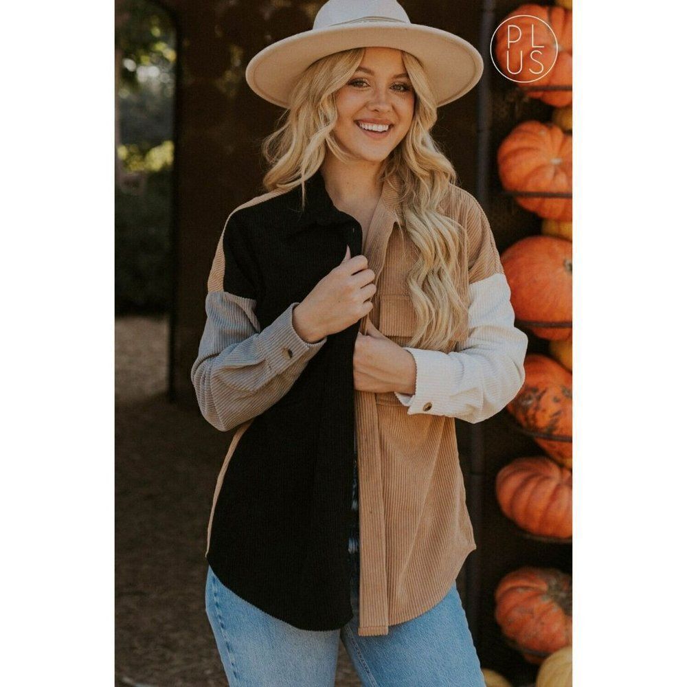 Andree By Unit PLUS SIZE Colorblock Corduroy Shacket Shirt Jacket S-L New PT1107